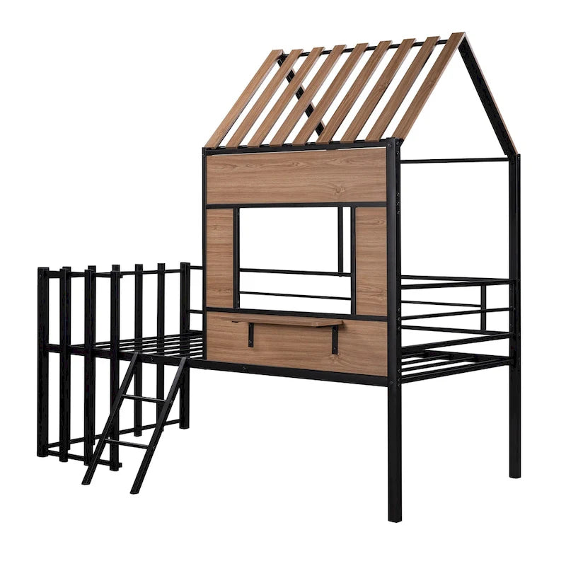 Twin Size Metal Loft Bed with Roof, Window, Guardrail, and Ladder