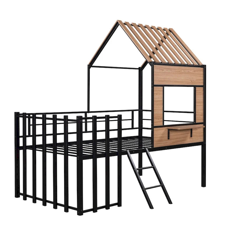 Twin Size Metal Loft Bed with Roof, Window, Guardrail, and Ladder