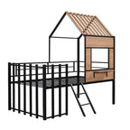 Twin Size Metal Loft Bed with Roof, Window, Guardrail, and Ladder