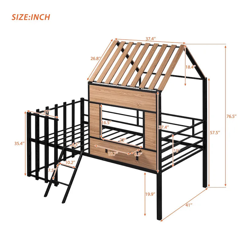 Twin Size Metal Loft Bed with Roof, Window, Guardrail, and Ladder