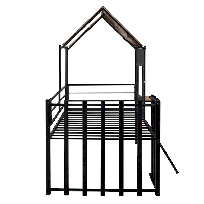 Twin Size Metal Loft Bed with Roof, Window, Guardrail, and Ladder