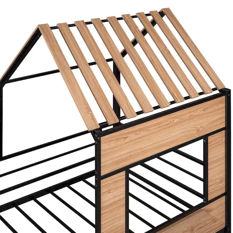 Twin Size Metal Loft Bed with Roof, Window, Guardrail, and Ladder