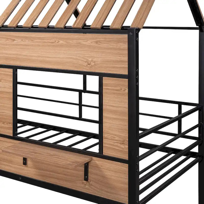 Twin Size Metal Loft Bed with Roof, Window, Guardrail, and Ladder