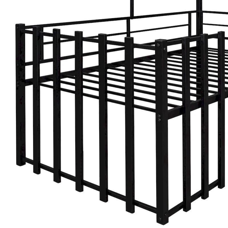 Twin Size Metal Loft Bed with Roof, Window, Guardrail, and Ladder