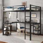 Black Full Size Metal Loft Bed with Desk and Shelves, Ladder, and Guardrails