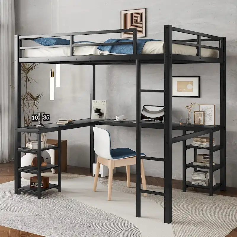 Black Full Size Metal Loft Bed with Desk and Shelves, Ladder, and Guardrails