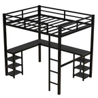 Black Full Size Metal Loft Bed with Desk and Shelves, Ladder, and Guardrails