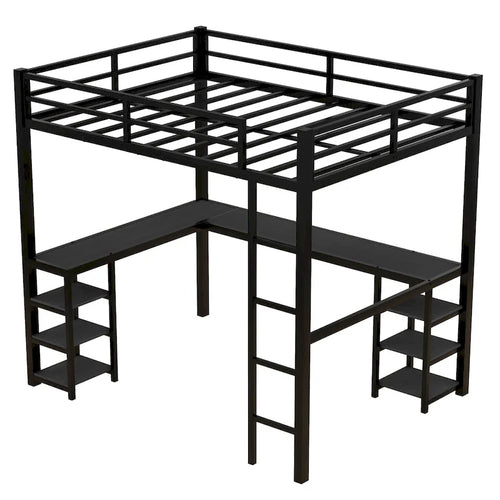 Black Full Size Metal Loft Bed with Desk and Shelves, Ladder, and Guardrails