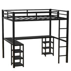 Black Full Size Metal Loft Bed with Desk and Shelves, Ladder, and Guardrails