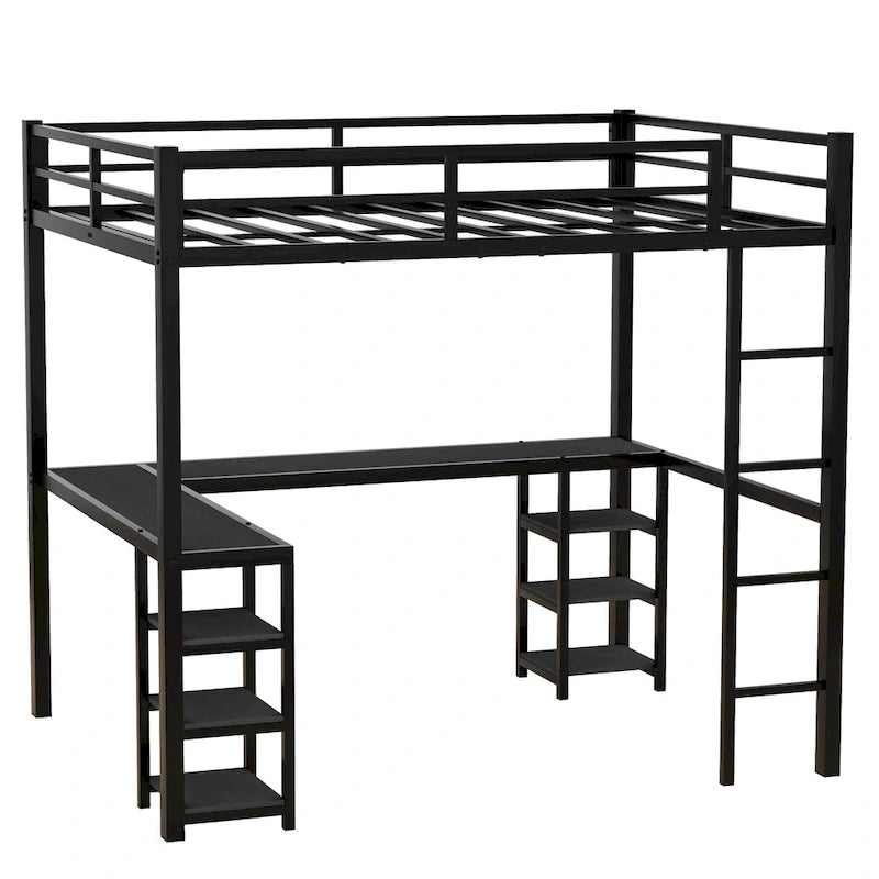 Black Full Size Metal Loft Bed with Desk and Shelves, Ladder, and Guardrails