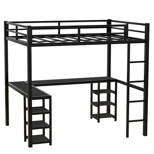 Black Full Size Metal Loft Bed with Desk and Shelves, Ladder, and Guardrails