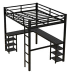 Black Full Size Metal Loft Bed with Desk and Shelves, Ladder, and Guardrails