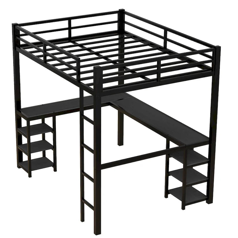 Black Full Size Metal Loft Bed with Desk and Shelves, Ladder, and Guardrails