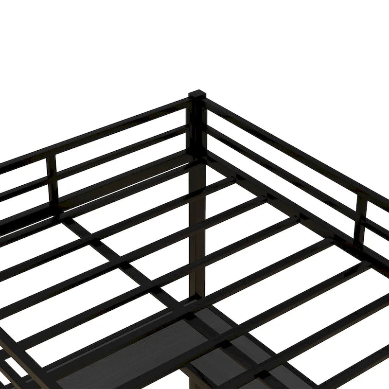 Black Full Size Metal Loft Bed with Desk and Shelves, Ladder, and Guardrails