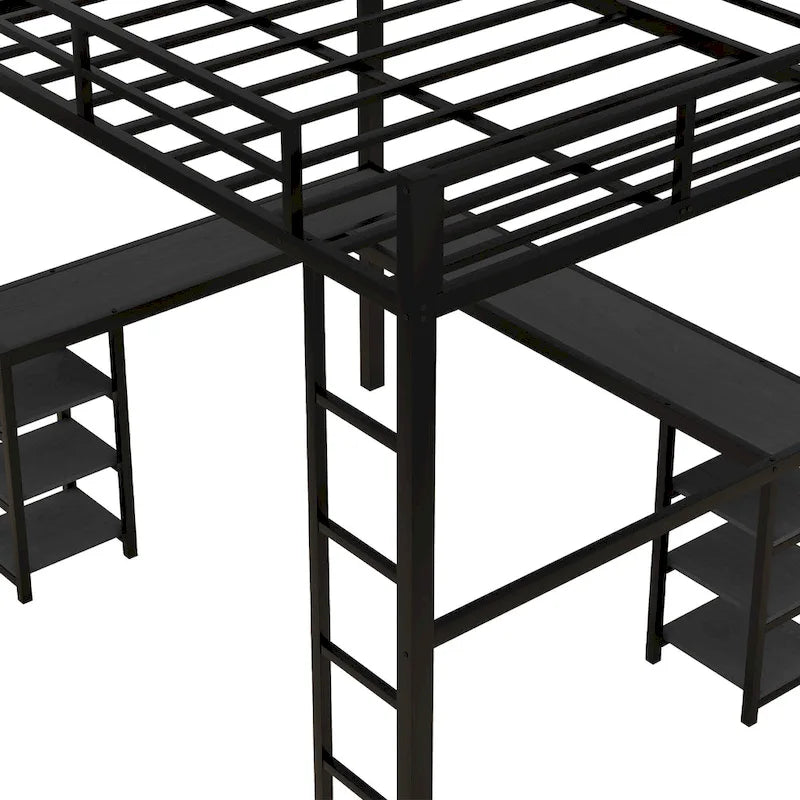 Black Full Size Metal Loft Bed with Desk and Shelves, Ladder, and Guardrails