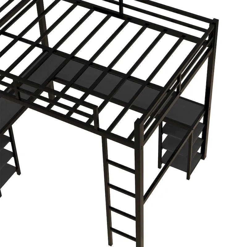 Black Full Size Metal Loft Bed with Desk and Shelves, Ladder, and Guardrails