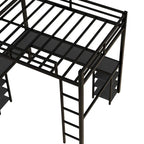 Black Full Size Metal Loft Bed with Desk and Shelves, Ladder, and Guardrails