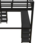Black Full Size Metal Loft Bed with Desk and Shelves, Ladder, and Guardrails