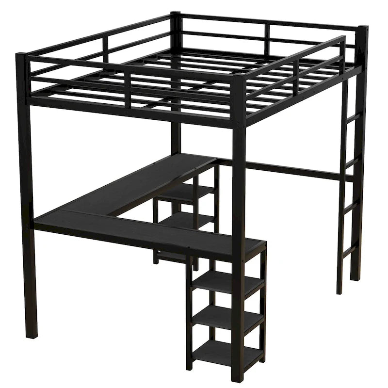 Black Full Size Metal Loft Bed with Desk and Shelves, Ladder, and Guardrails