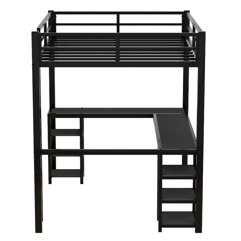 Black Full Size Metal Loft Bed with Desk and Shelves, Ladder, and Guardrails
