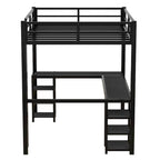 Black Full Size Metal Loft Bed with Desk and Shelves, Ladder, and Guardrails