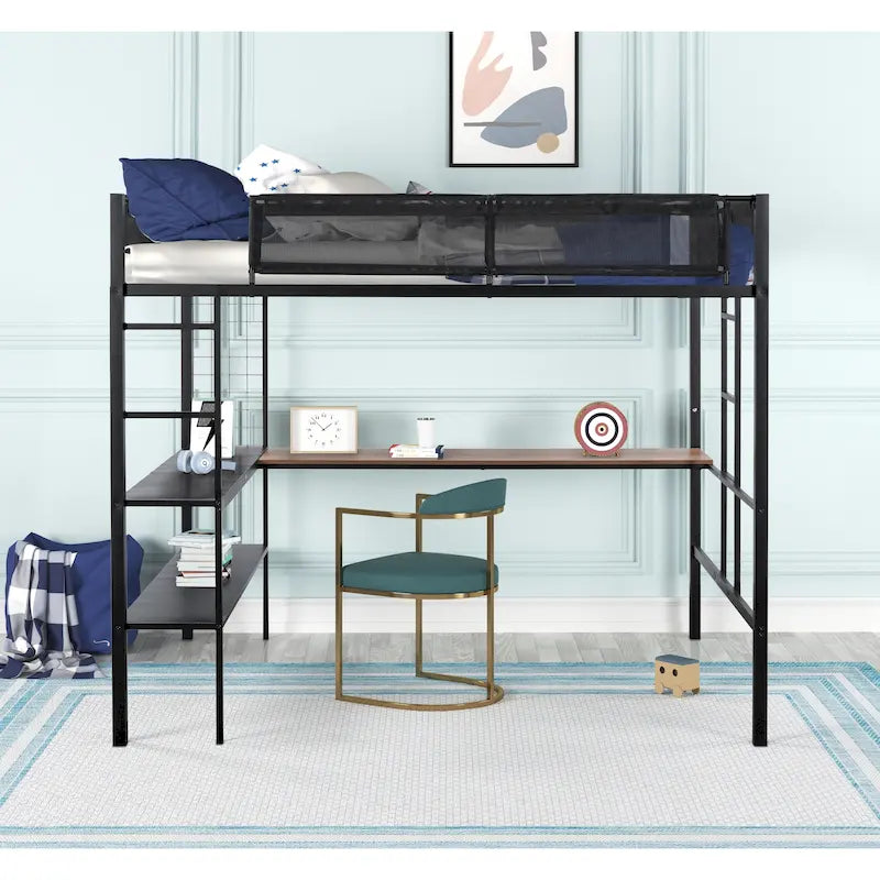 Full Size Metal Stell Loft Bed with Desk, Shelves, Noise-free Wood Slats and Comfortable Textilene Guardrail