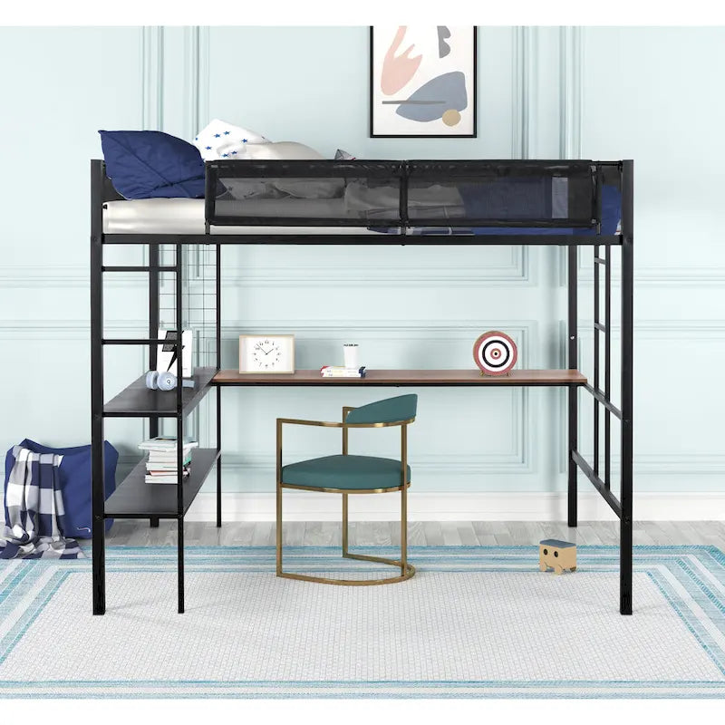 Full Size Metal Stell Loft Bed with Desk, Shelves, Noise-free Wood Slats and Comfortable Textilene Guardrail