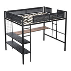 Full Size Metal Stell Loft Bed with Desk, Shelves, Noise-free Wood Slats and Comfortable Textilene Guardrail