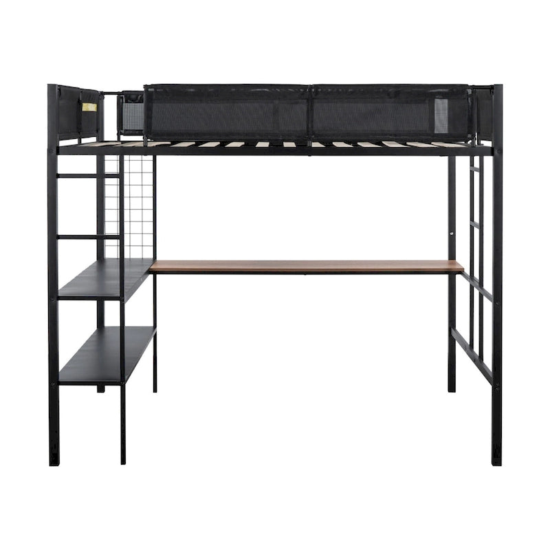 Full Size Metal Stell Loft Bed with Desk, Shelves, Noise-free Wood Slats and Comfortable Textilene Guardrail