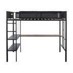 Full Size Metal Stell Loft Bed with Desk, Shelves, Noise-free Wood Slats and Comfortable Textilene Guardrail