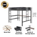 Full Size Metal Stell Loft Bed with Desk, Shelves, Noise-free Wood Slats and Comfortable Textilene Guardrail