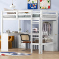 White Twin Size Solid Wood Loft Bed with L-shaped Desk, Wardrobe, and Shelves