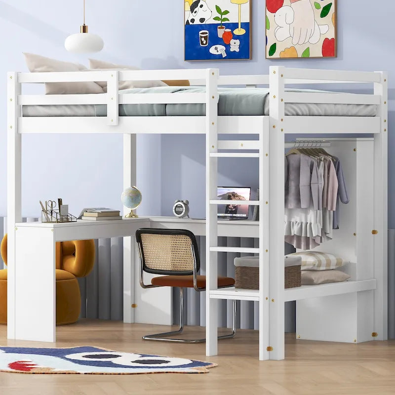 White Twin Size Solid Wood Loft Bed with L-shaped Desk, Wardrobe, and Shelves