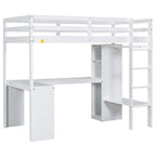 White Twin Size Solid Wood Loft Bed with L-shaped Desk, Wardrobe, and Shelves