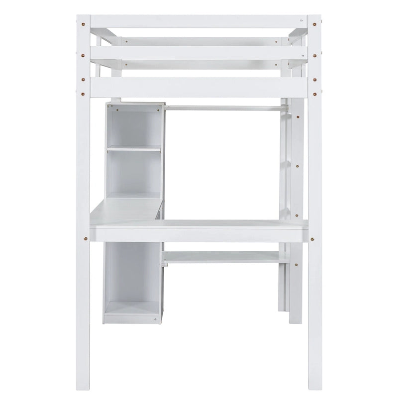 White Twin Size Solid Wood Loft Bed with L-shaped Desk, Wardrobe, and Shelves