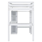 White Twin Size Solid Wood Loft Bed with L-shaped Desk, Wardrobe, and Shelves