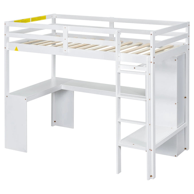 White Twin Size Solid Wood Loft Bed with L-shaped Desk, Wardrobe, and Shelves