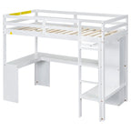 White Twin Size Solid Wood Loft Bed with L-shaped Desk, Wardrobe, and Shelves