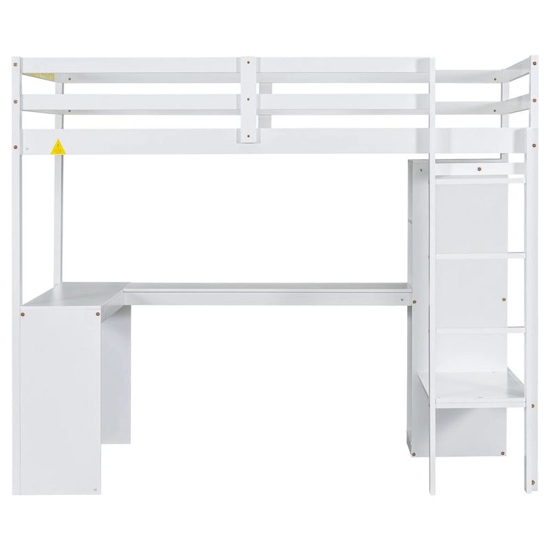 White Twin Size Solid Wood Loft Bed with L-shaped Desk, Wardrobe, and Shelves