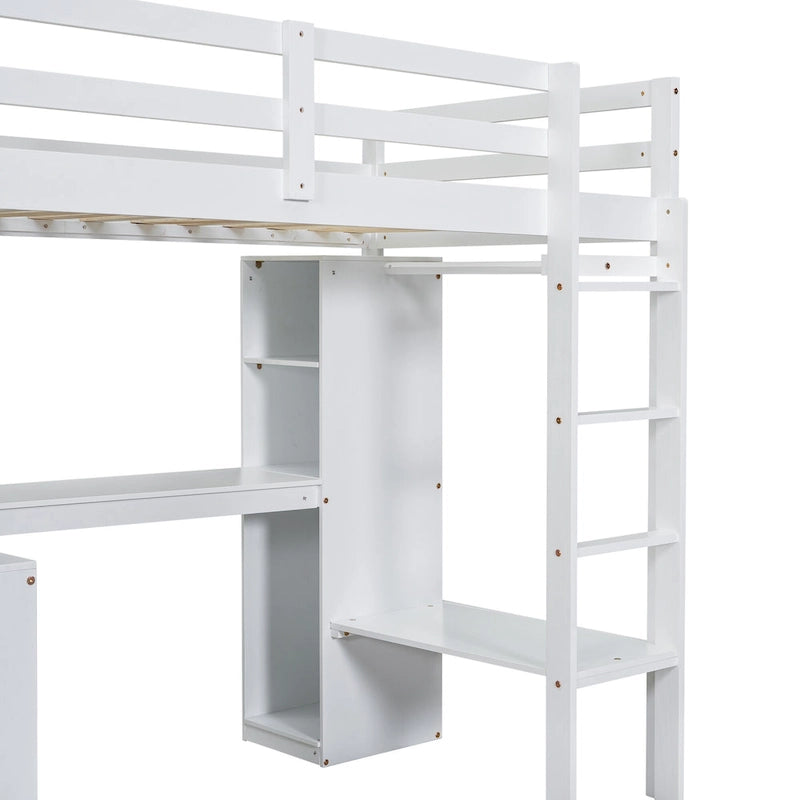 White Twin Size Solid Wood Loft Bed with L-shaped Desk, Wardrobe, and Shelves