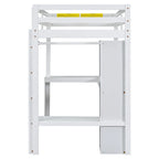 White Twin Size Solid Wood Loft Bed with L-shaped Desk, Wardrobe, and Shelves