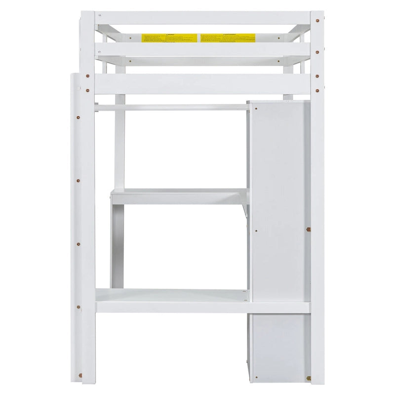 White Twin Size Solid Wood Loft Bed with L-shaped Desk, Wardrobe, and Shelves