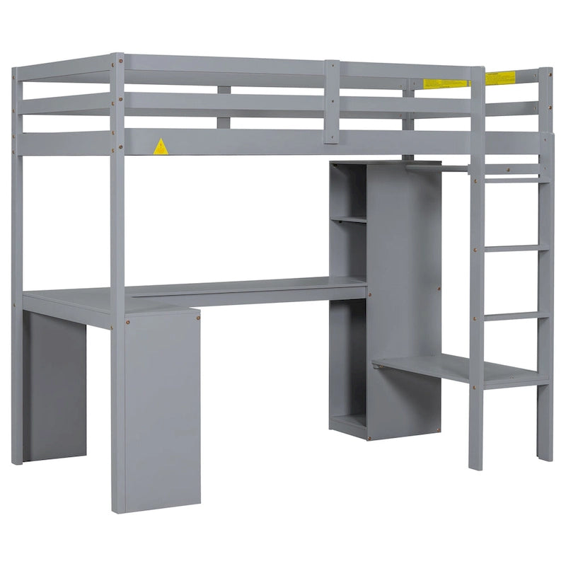 Grey Twin Size Solid Wood Loft Bed with L-shaped Desk, Wardrobe, and Shelves
