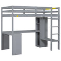 Grey Twin Size Solid Wood Loft Bed with L-shaped Desk, Wardrobe, and Shelves