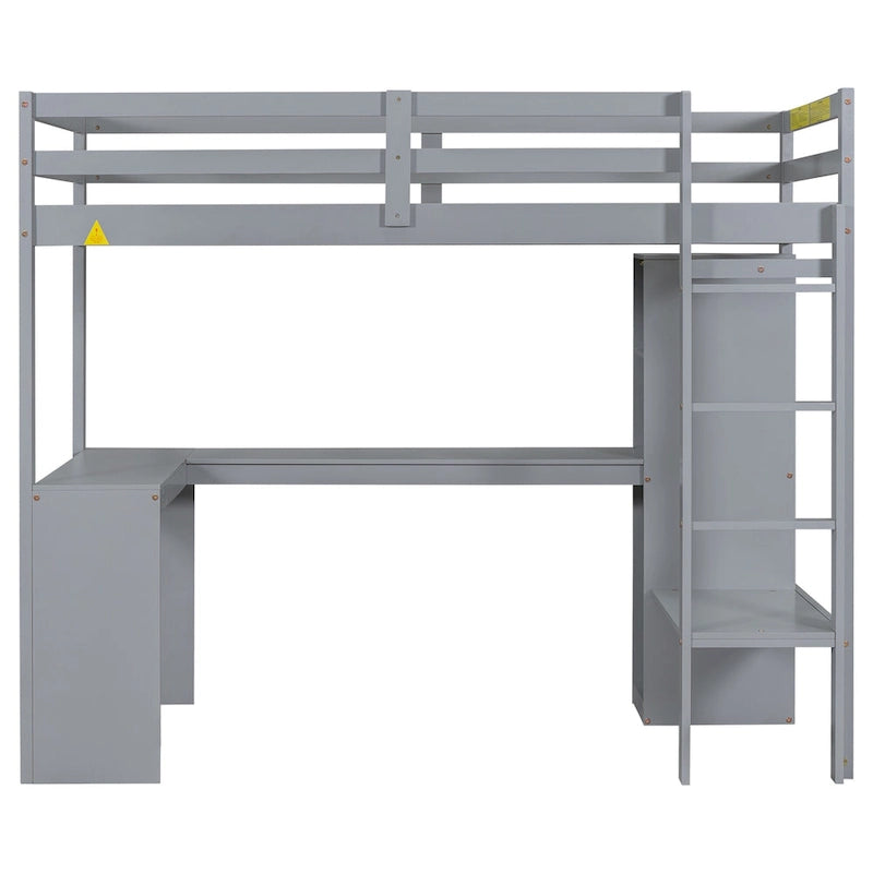 Grey Twin Size Solid Wood Loft Bed with L-shaped Desk, Wardrobe, and Shelves