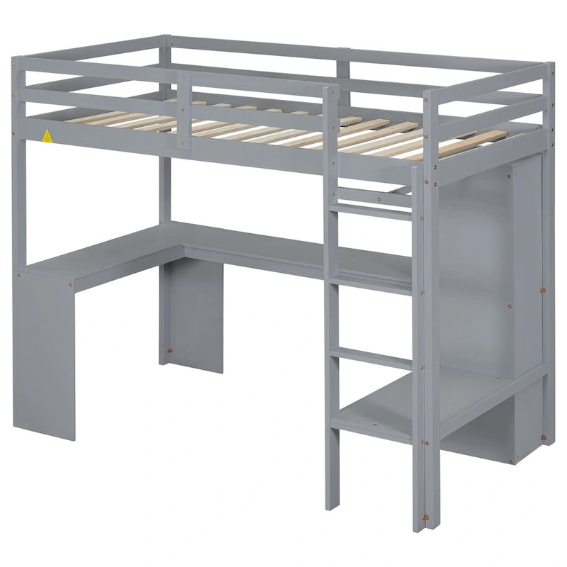 Grey Twin Size Solid Wood Loft Bed with L-shaped Desk, Wardrobe, and Shelves