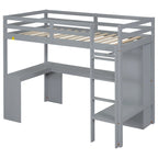 Grey Twin Size Solid Wood Loft Bed with L-shaped Desk, Wardrobe, and Shelves