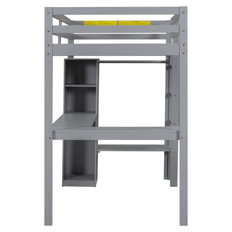 Grey Twin Size Solid Wood Loft Bed with L-shaped Desk, Wardrobe, and Shelves