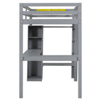 Grey Twin Size Solid Wood Loft Bed with L-shaped Desk, Wardrobe, and Shelves