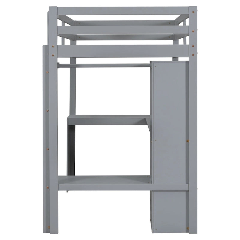 Grey Twin Size Solid Wood Loft Bed with L-shaped Desk, Wardrobe, and Shelves